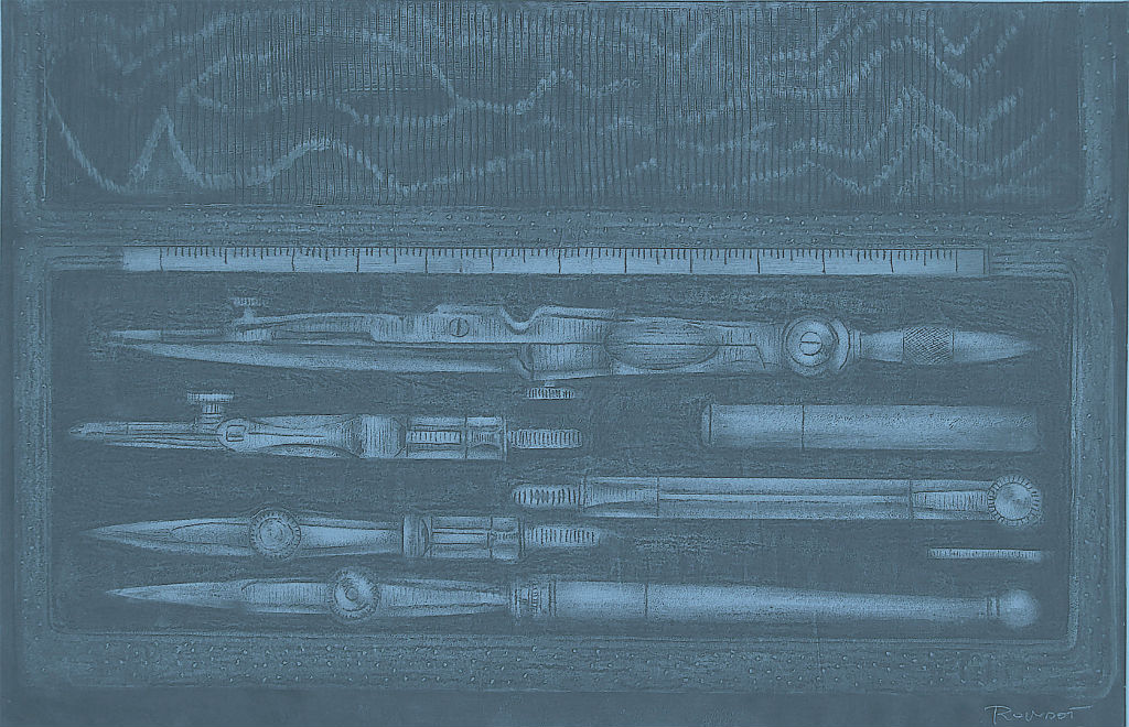 Benoit Rondot - BOITE DE COMPAS - Technique mixte sur papier marouflé sur toile - 56x86 cm - 2006