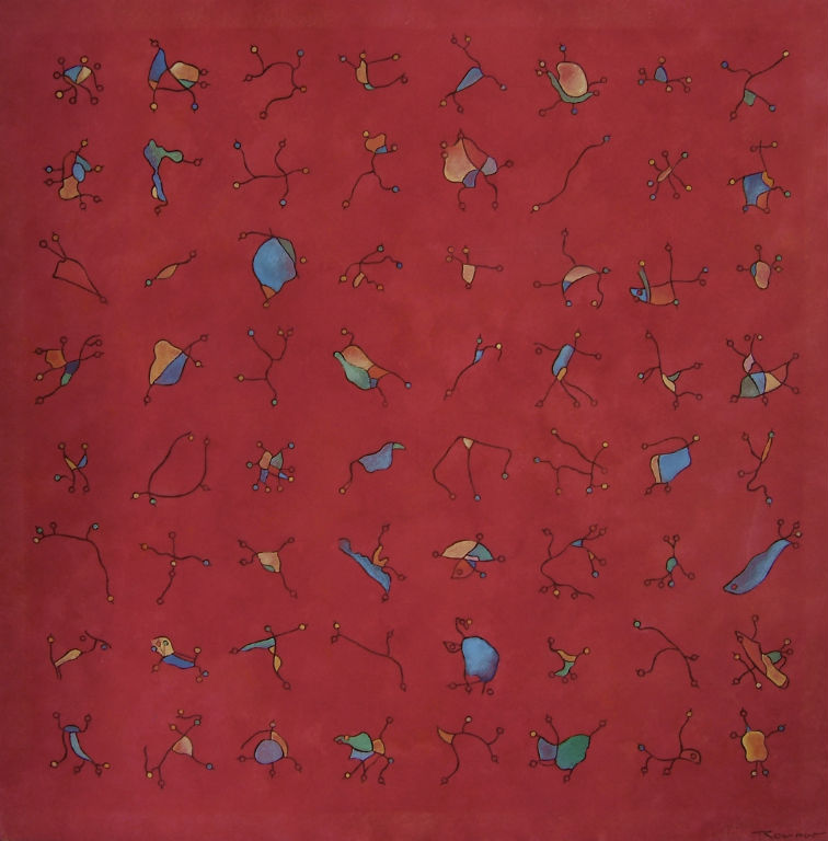 Benoit Rondot - SIGNES POLYCHROMES SUR FOND ROUGE - Technique mixte sur papier de soie marouflé sur toile - 89x89 cm - 2008
