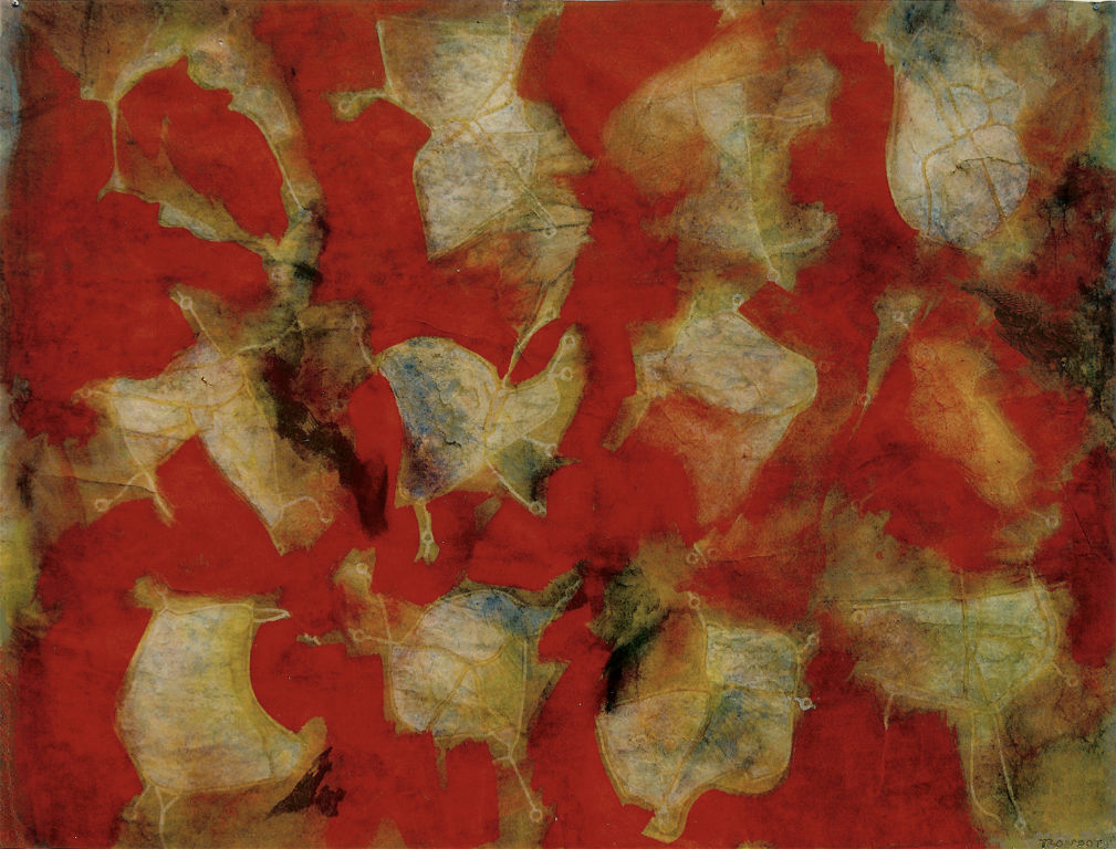 Benoit Rondot - MODULES SUR FOND ROUGE ET OCRE - Technique mixte sur papier chinois marouflé sur toile - 97x125 cm - 2002