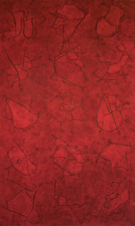 Benoit Rondot - MODULES SUR FOND ROUGE - Technique mixte sur papier chinois marouflé sur toile - 160x97 cm - 2004