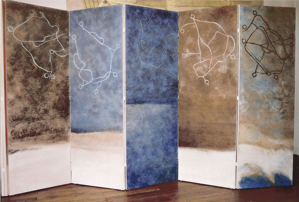 Benoit Rondot - MODULES - GRAND PARAVENT - Technique mixte sur papier chinois marouflé sur toile - 5 toiles verticales - 160x400 cm - 2005