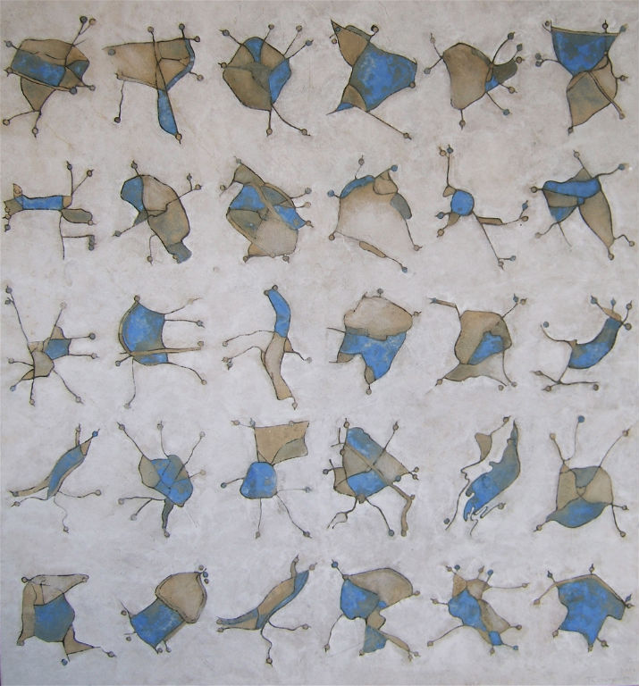 Benoit Rondot - MODULES BLEUS ET OCRES SUR FOND BLANC CASSE - Technique mixte sur papier chinois marouflé sur toile - 110x97 cm - 2005